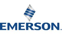 Emerson logo featuring a stylized blue wave design and the brand name in bold blue letters, representing the company’s identity in technology and engineering.