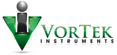 VORTEK Instruments logo featuring a green triangular design and stylized person icon, representing innovation in precision measurement tools.